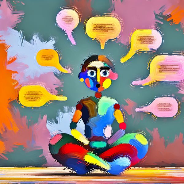Abstracte voorstelling van een persoon die advies ontvangt Een jong persoon dat met gekruiste benen op de vloer zit, omringd door kleurrijke spraakballonnen met advies en waarschuwingen.