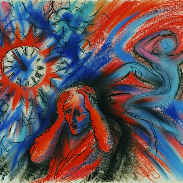 Abstracte voorstelling van berouw en verloren kansen Abstracte voorstelling van berouw met figuur die zijn hoofd vasthoudt en omgeven wordt door chaotische kleuren en klokvormige objecten die verloren tijd symboliseren.