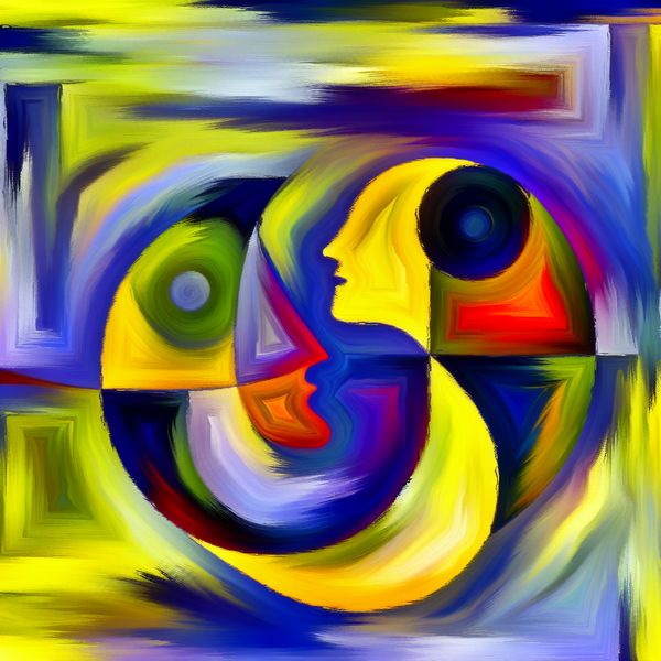 Harmonieuze abstractie van onderwerp en werkwoord Abstracte afbeelding van twee kleurrijke vormen die harmonieus samensmelten, met een achtergrond van levendige kleuren in de stijl van Karel Appel.