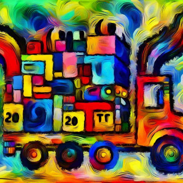 Kleurrijke abstracte vrachtwagen met overdreven grote dozen en het gewicht '20 T' in kinderlijke stijl van Karel Appel, symboliserend 20 ton vracht