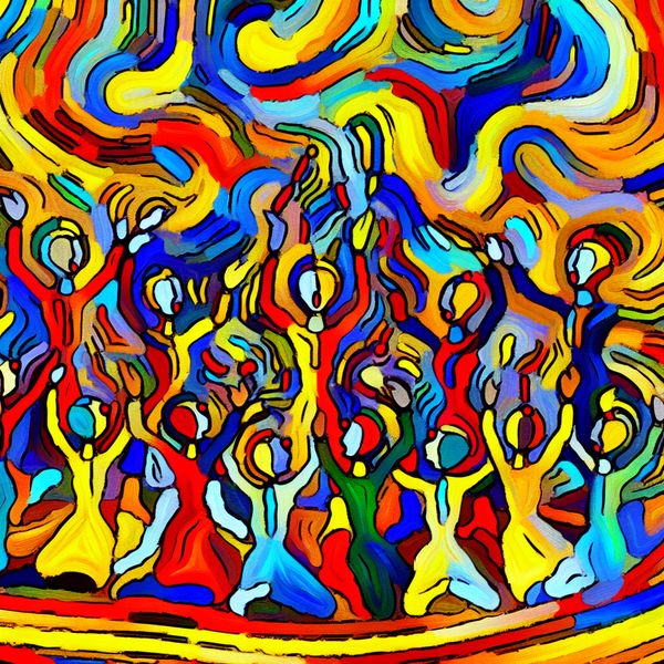 Vibrante emoties tijdens een reünie geïnspireerd door Karel Appel Abstract kleurrijke scène met figuren die vreugdevol een reünie vieren, geïnspireerd door Karel Appel.