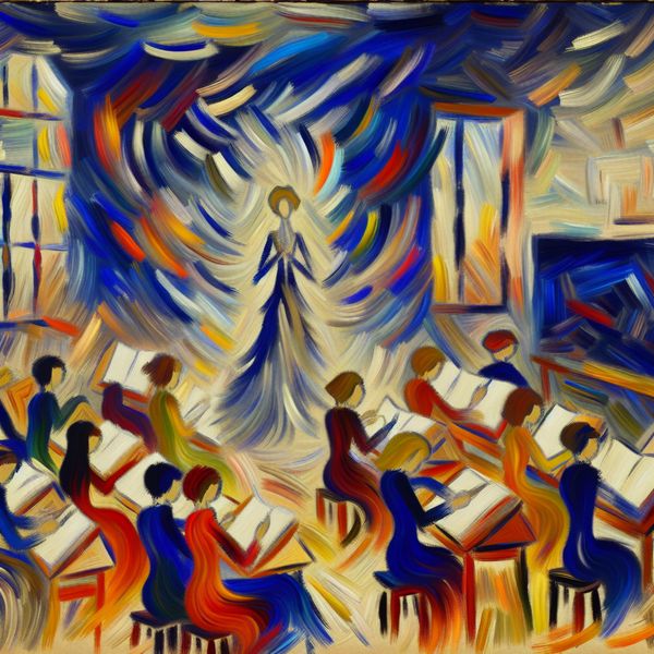 Abstracte voorstelling van vrijheid en speelruimte in de klas - Taal leren met expressie Abstract expressionistisch klaslokaal met lerares en leerlingen die creatief bezig zijn, illustrerend de mate van vrijheid en speelruimte in het onderwijs