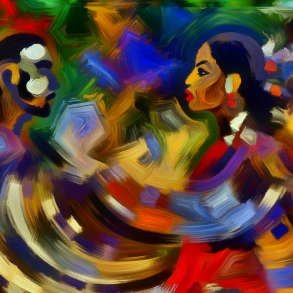 Abstracte vrouw kijkt snel naar man Abstracte afbeelding van een vrouw die snel naar een man kijkt voordat ze wegloopt, met een energieke achtergrond van felle kleuren.