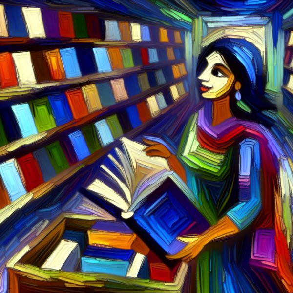 Vrouw kiest een geschiedenisboek in levendige boekwinkel Abstracte scène van een vrouw die een geschiedenisboek koopt in een kleurrijke boekhandel