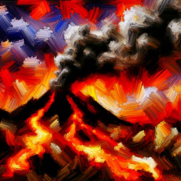 Abstract expressionistisch schilderij van een vulkaanuitbarsting met lava, as en rook in felle kleuren