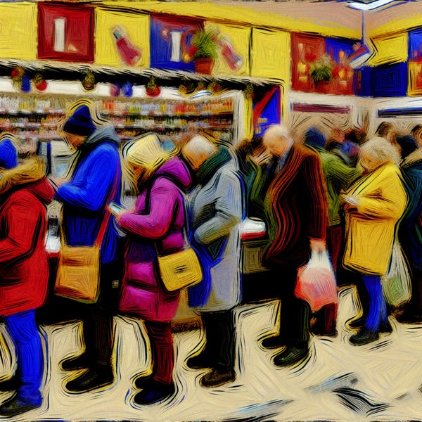 Abstracte voorstelling van wachttijd en ongeduld bij supermarktkassa Abstract expressionistisch schilderij van een ongeduldige rij wachtende mensen bij een supermarktkassa, met felle kleuren en chaotische penseelstreken die frustratie en wachttijd uitbeelden