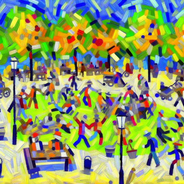 Een levendig en abstract verblijf met mensen die verschillende weekendactiviteiten in een park genieten.