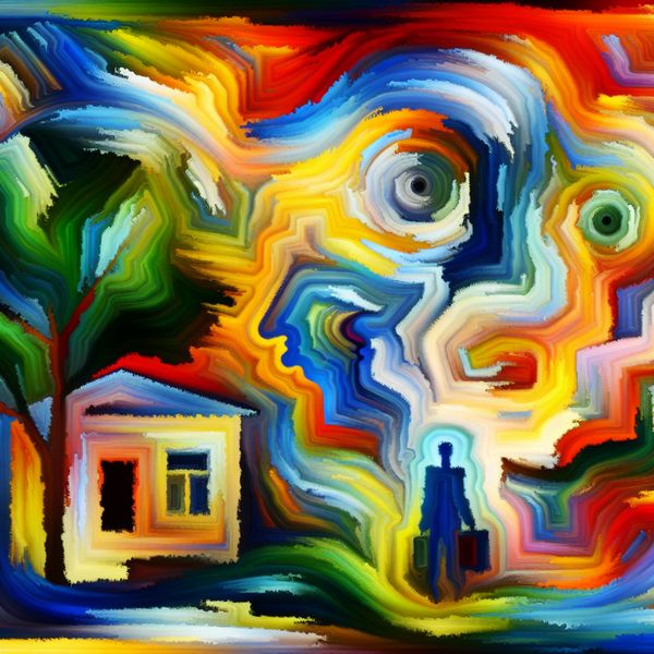 Abstracte Weergave van Emoties in de Stijl van Karel Appel Abstracte afbeelding van een persoon omringd door kleurrijke, expressieve vormen die uiteenlopende emoties zoals vreugde, verdriet en nostalgie uitdrukken.