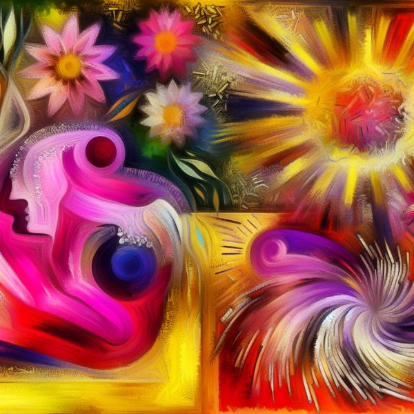 Kleurvolle abstracte weergave van kanker Abstracte kleurrijke weergave van borstkanker en huidkanker, met een roze vorm voor borstkanker omringd door bloemen en een zonburstpatroon in yellows en oranges voor huidkanker.