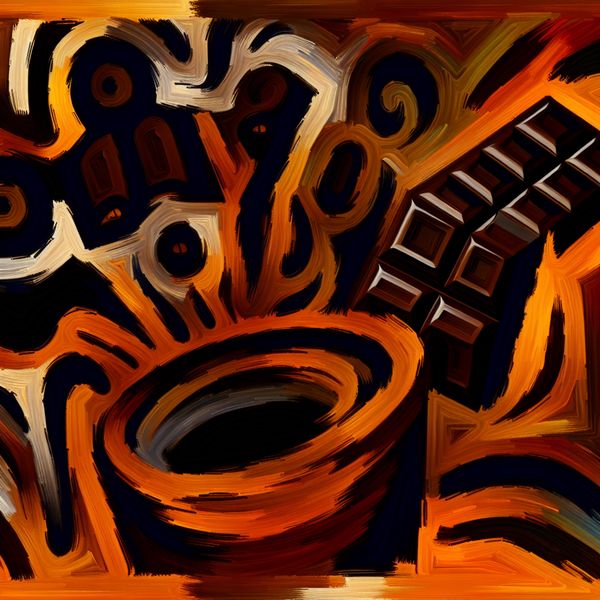 Abstracte weergave van onaangename smaken Abstract expressionistisch schilderij dat de onaangename smaak van bittere koffie en chocolade uitbeeldt met chaotische vormen en donkere kleuren.
