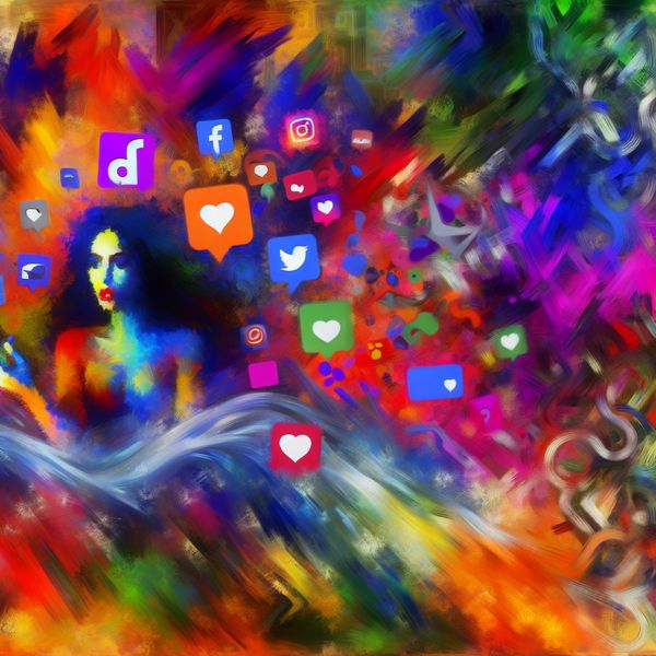 Abstracte Weergave van een Vrouwelijke Influencer op Social Media Abstracte weergave van een vrouwelijke influencer omringd door een chaotisch social media landschap met kleuren, symbolen en vormen die likes, reacties en shares vertegenwoordigen.