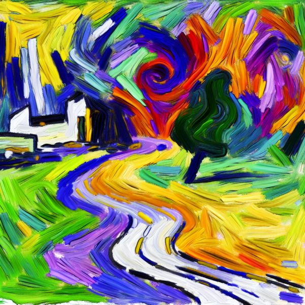 Abstracte Weg naar Park en Treinstation Abstracte schildering van een pad dat leidt naar een park en een treinstation, met energieke, kleurrijke bewegingen en vormen.