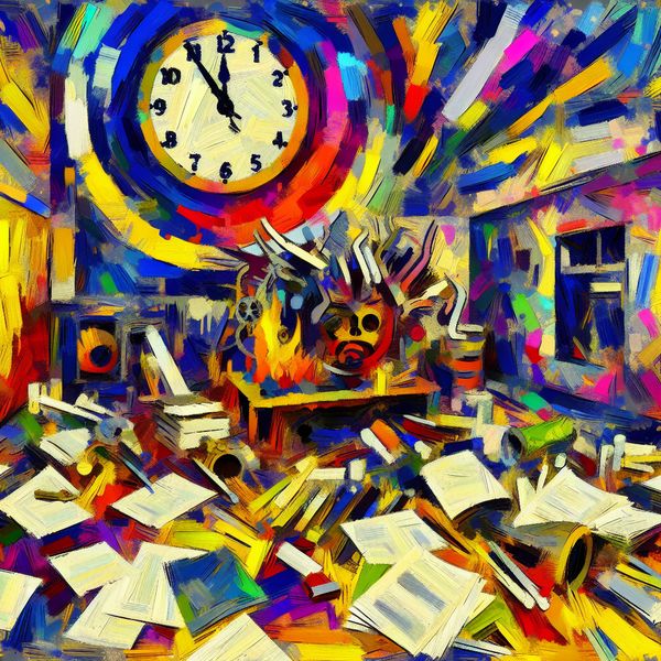 Vibrante werkruimte met stilstaand uurwerk in abstracte stijl Abstracte afbeelding van een chaotische werkruimte met onafgemaakte projecten en een stilstaand uurwerk, die een tijdelijk onderbreking symboliseert.