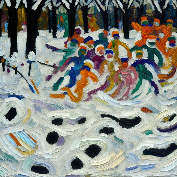 Abstracte winterlandschap met kinderen Abstract expressionistische winterlandschap met kinderen die in de sneeuw spelen en een sneeuwman bouwen.