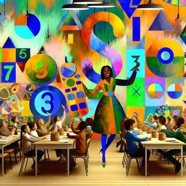 Vibrante en Abstracte Wiskundeles in een Klaslokaal Abstracte klaslokaalscene met diverse studenten die enthousiast zijn over wiskunde, met oversized wiskundemiddelen en kleurrijke muurschilderingen.