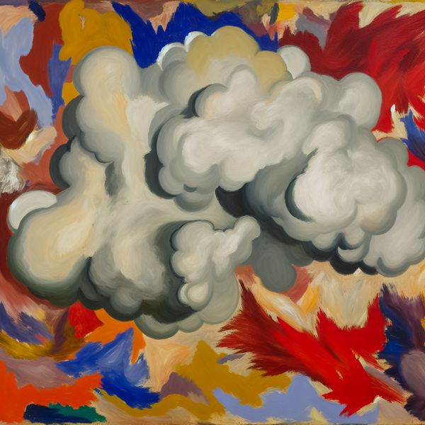 Abstract Schilderij Over Neutraliteit en Natuur Abstract expressief schilderij met een grote abstracte wolk boven een chaotisch landschap van kleuren.