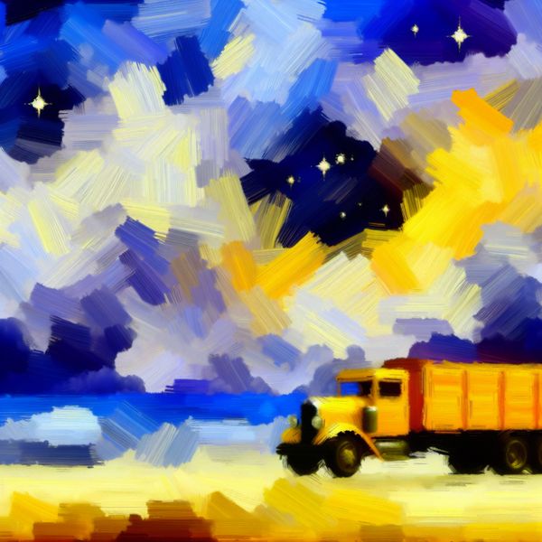 Abstracte illustratie van zichtbaarheid met kleurrijke vrachtwagen Een abstracte afbeelding van een grote gele vrachtwagen die gedeeltelijk wordt omhuld door wolken, met sterren op de achtergrond, illustreert het concept van zichtbaarheid.