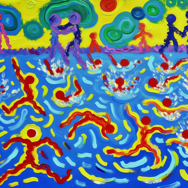 Zwemmen leren in open water: abstracte zwemles met kinderen en volwassenen Abstracte voorstelling van een levendige zwemles in een meer met felle kleuren en dynamische bewegingen van zwemmers