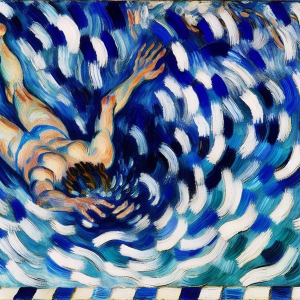 Abstract expressionistisch schilderij van een zwemmer die de bodem van een kolkend zwembad bereikt, met dynamische penseelstreken in levendige blauwen en witte tinten