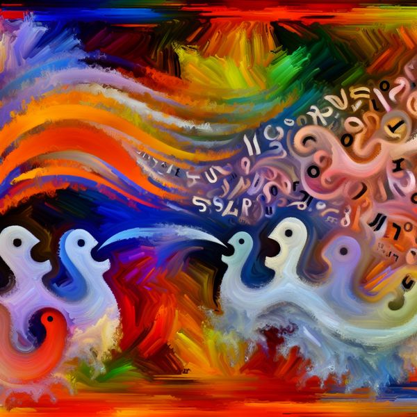 Vibrante afbeelding van een gesprek in Farsi Abstract afbeelding van een levendige en chaotische conversatie over de Iraanse taal Farsi, met kleurrijke penseelstreken en figuren die in een gesprek verwikkeld zijn.