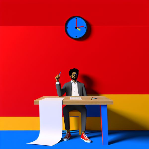 Minimalistische illustratie in stijl van Dick Bruna van persoon aan bureau met reusachtig examenblad en minuscuul potlood, klok toont bijna geen tijd meer, absurd tafereel