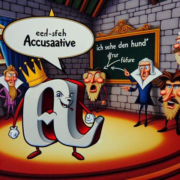 Accusatief naamval Duits leren met interactieve grammaticacartoon Cartoonachtige klas met geanimeerde letters en woorden die de accusatief in het Duits uitleggen, waarbij de letter 'n' met een kroon centraal staat