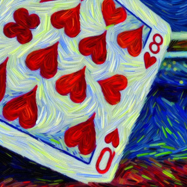 Acht van harten speelkaart in Van Gogh-stijl - kaartspelen leren Illustratie van de acht van harten speelkaart in Van Gogh-stijl met acht rode harten, dynamische achtergrond en expressieve penseelstreken