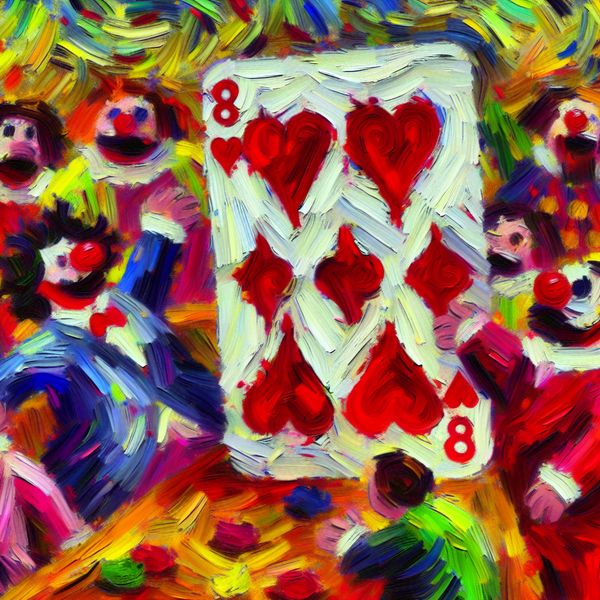 Acht van harten in expressief kaartspel schilderij - Nederlandse kaarttermen leren Abstracte voorstelling van de acht van harten in een levendig kaartspel, geschilderd in de expressieve stijl van Karel Appel met dynamische figuren en felle kleuren