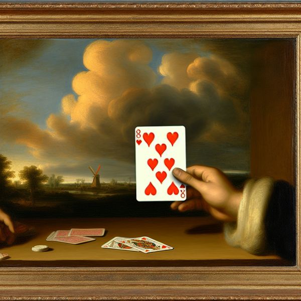 Acht van harten in klassiek kaartspel: Nederlandse schilderkunst uit de Gouden Eeuw Acht van harten kaart op houten tafel tijdens een 17e-eeuws kaartspel in Nederlandse schilderstijl