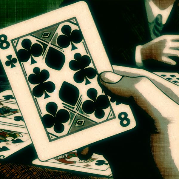 Acht van klaveren speelkaart - uitleg en betekenis in kaartspellen Hand houdt de acht van klaveren speelkaart vast tijdens een kaartspel, retro-futuristische illustratie