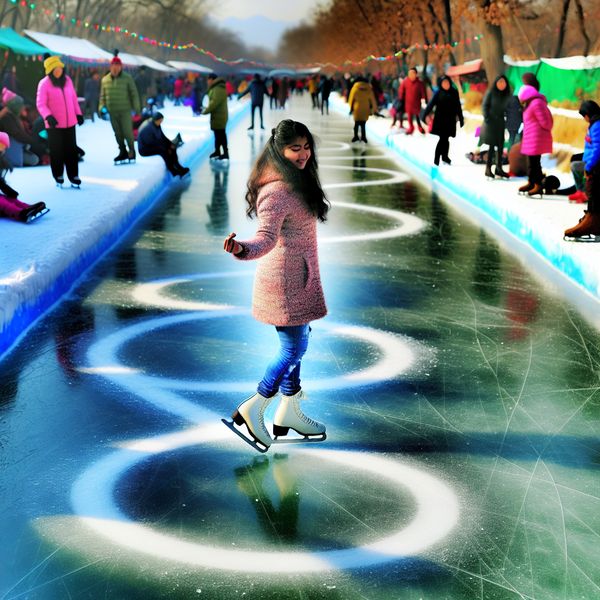 Schaatsen in acht-vorm: symboliek van oneindigheid op bevroren kanaal Vrouwelijke schaatsster tekent een perfecte acht-vorm op het ijs tijdens een levendige winterse scène in de stijl van Hendrick Avercamp