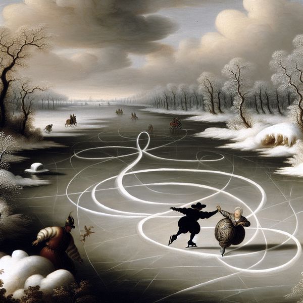 Schaatsers tekenen acht-vorm in winterlandschap - Nederlandse woordenschat en vormen leren Twee schaatsers trekken een perfecte acht-vorm in het ijs op een bevroren meer in een winterlandschap, geïnspireerd op Jacob van Ruisdael