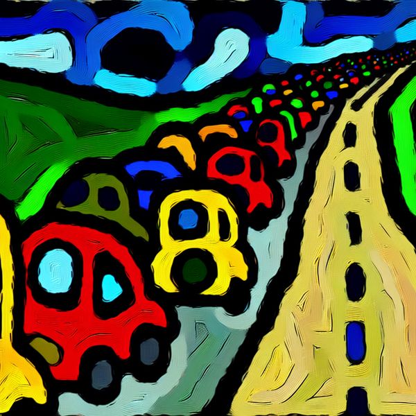 Achteraan in de file: abstracte illustratie van het eindpunt van een verkeersopstopping Abstracte voorstelling van het einde van een file met chaotisch gestapelde auto's in felle kleuren, stijl van Karel Appel