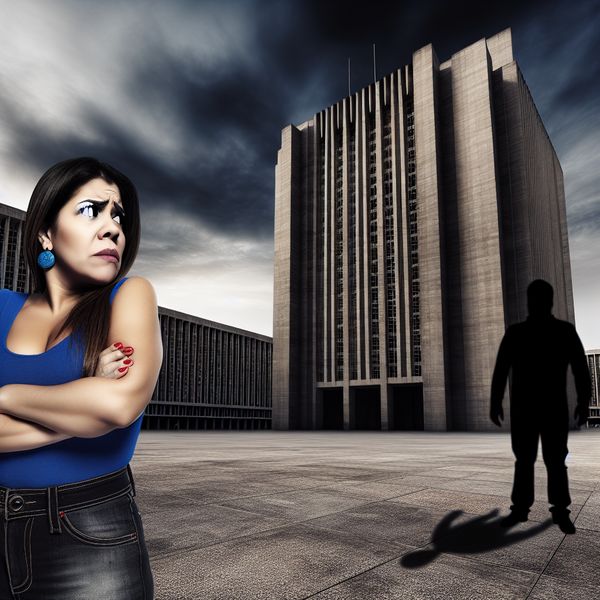 Achterdochtige vrouw in verlaten stedelijke omgeving Een vrouw kijkt achterdochtig naar een schaduwachtige man in een verlaten stedelijke omgeving.