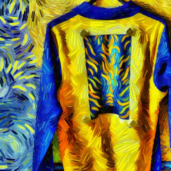 Vibrante achterkant van een kleurrijk shirt Kleurige achterkant van een shirt dat tegen een textuur muur hangt, met opvallende ontwerpen en levendige kleuren.