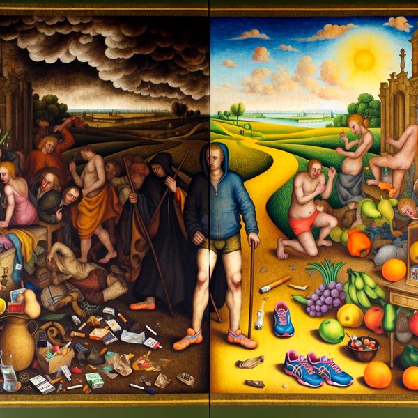 Achterlaten betekenis: emoties, gewoontes of fases loslaten in levendige schilderstijl Illustratie van een persoon bij een kruispunt, symbolisch voor het achterlaten van een oude emotie, gewoonte of levensfase in de stijl van Jan Steen
