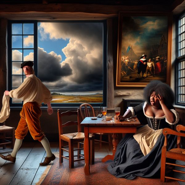 Achterlaten in een taverne: emotionele scène uit de Gouden Eeuw 17e-eeuwse Nederlandse taverne-scène met een man die zijn vriendin achterlaat met een onbetaalde rekening, emotionele spanning en dramatisch licht