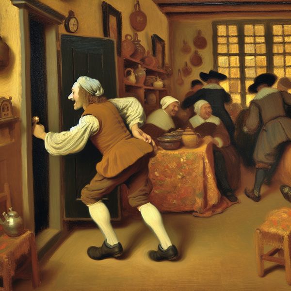 Man loopt achteruit om een deur te openen in een druk Nederlands huishouden, geïnspireerd op de chaotische stijl van Jan Steen