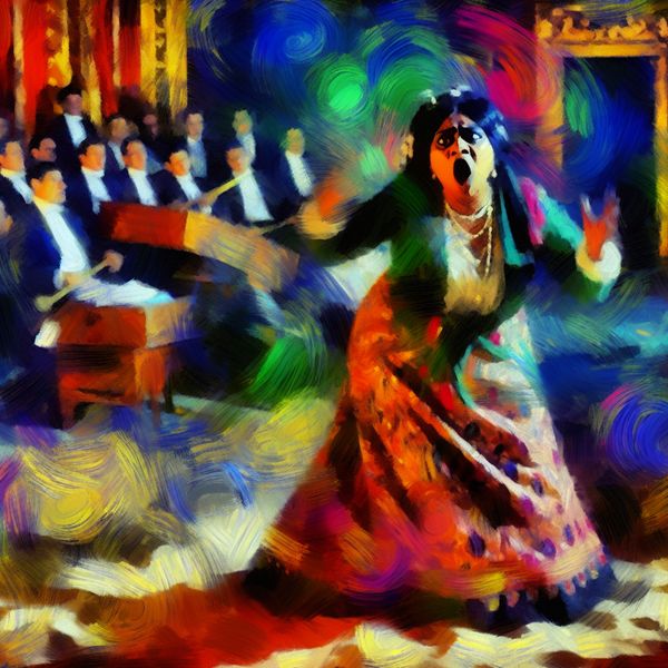 Acteur in actie: dynamische toneel- en filmprestatie in abstract expressionistische stijl Abstract expressionistisch schilderij van een acteur in dramatische rol op toneel of filmset met expressieve gebaren en levendige kleuren