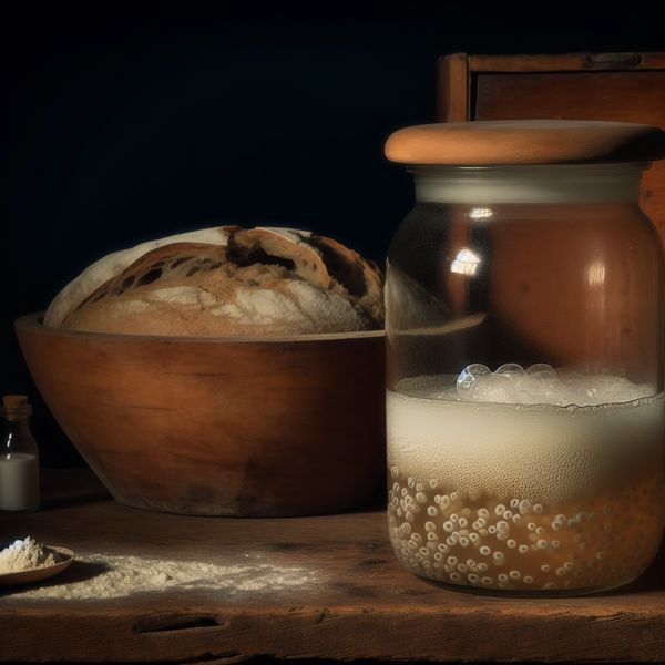 Glazen pot met actieve gist die zachtjes borrelend op een houten aanrecht staat, omringd door ingrediënten zoals bloem en water, met een opkomend brood in de achtergrond.