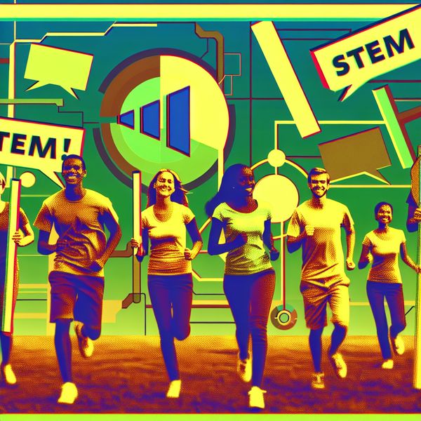 Diverse jonge mensen joggend in een park met kleurrijke posters die 'Stem!' zeggen, achtergrond met abstracte sociale media iconen.