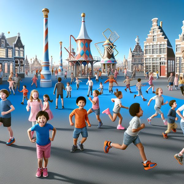 Actieve Kinderen in Het Park - Normaal Gedrag Speelse kinderen rennend in een zonnig park met surrealistische architectuur op de achtergrond.