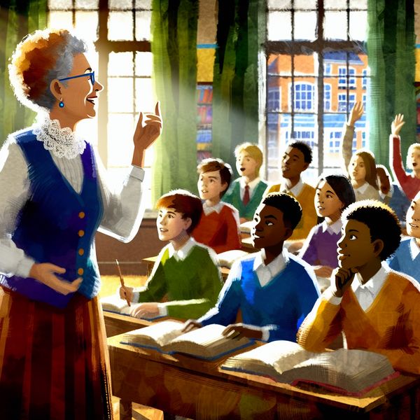 Een lerares staat voor een diverse klas van leerlingen en stelt hen een uitdagende vraag, terwijl sommigen handen opsteken en anderen nadenken.