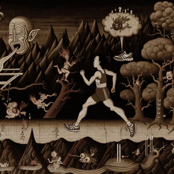 Actieve levensstijl in surrealistisch landschap: marathonloopster in Bosch-stijl Surrealistisch tafereel van een vrouw die moeiteloos een marathon loopt in een droomachtige wereld, omringd door bizarre symbolische details zoals zwevende sportschoenen en kleine wezens die haar aanmoedigen