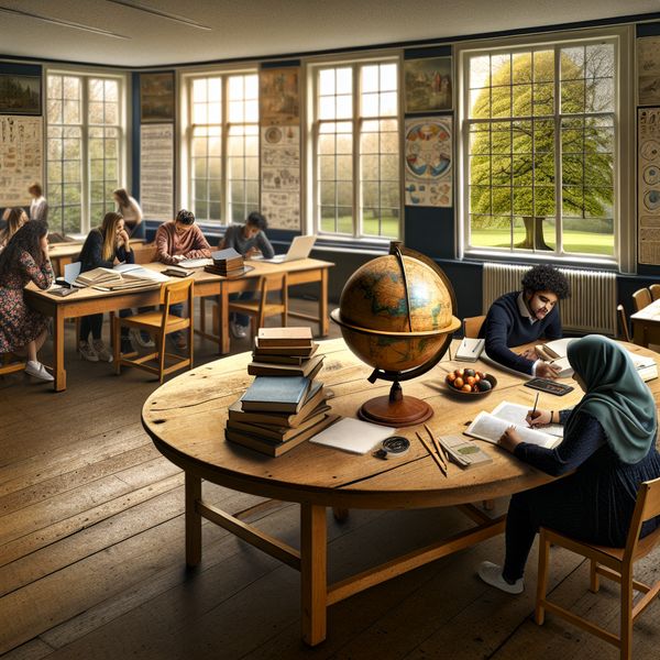 Klaslokaal met leerlingen die actief leren rond een grote houten tafel met boeken en een globe.