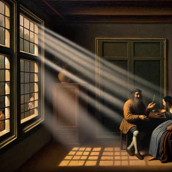 Actuele situatie bespreken bij regenachtig raam - Vermeer-achtige interieurkunst Twee mensen in gesprek bij een regenachtig raam, verwijzend naar een actuele situatie in Vermeer-stijl