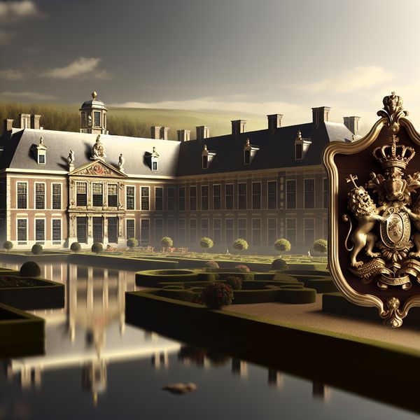 Adellijk landhuis met familiewapen in Vermeer stijl Een majestueus landhuis met een familiewapen in een zonovergoten landschap