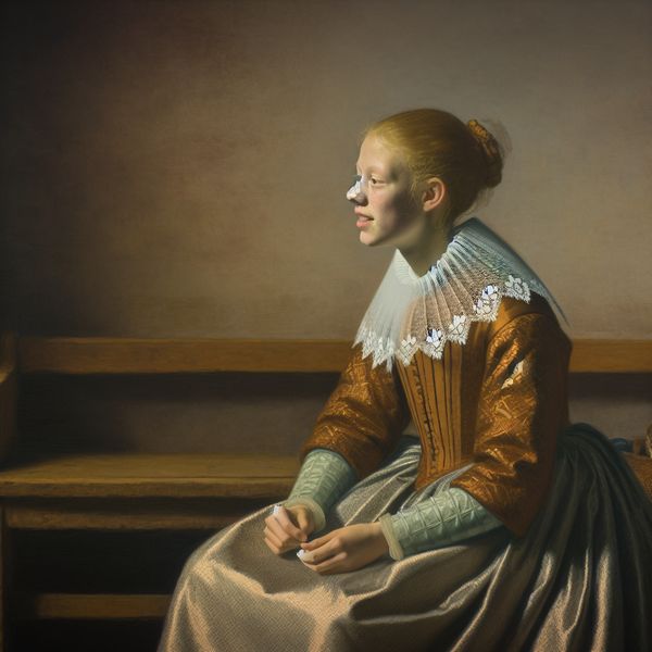 Ademhaling na inspanning: rustmoment in historische setting Jonge vrouw in 17e-eeuwse kleding rustend op een houten bank, ademhaling herstellend na inspanning in een zacht verlichte kamer