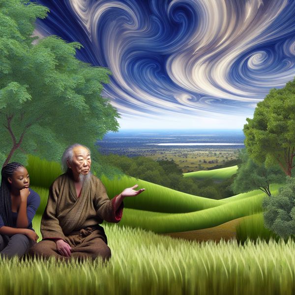 Advies tussen generaties - Een wijze oude man en een jonge luisteraar Een wijze oudere geeft advies aan een jonge persoon op een groene heuvel met een uitgestrekt dal op de achtergrond, terwijl de lucht vol indrukwekkende wolken is.