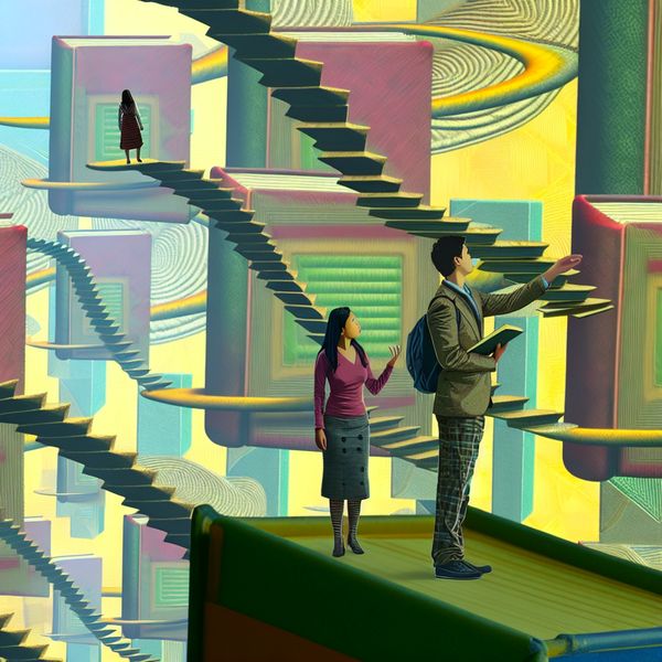 Advies vragen over boeken in een surrealistische setting Een student staat voor een wijze leraar in een surrealistische scène met zwevende boeken en windingen, die verschillende boekgenres symboliseren.